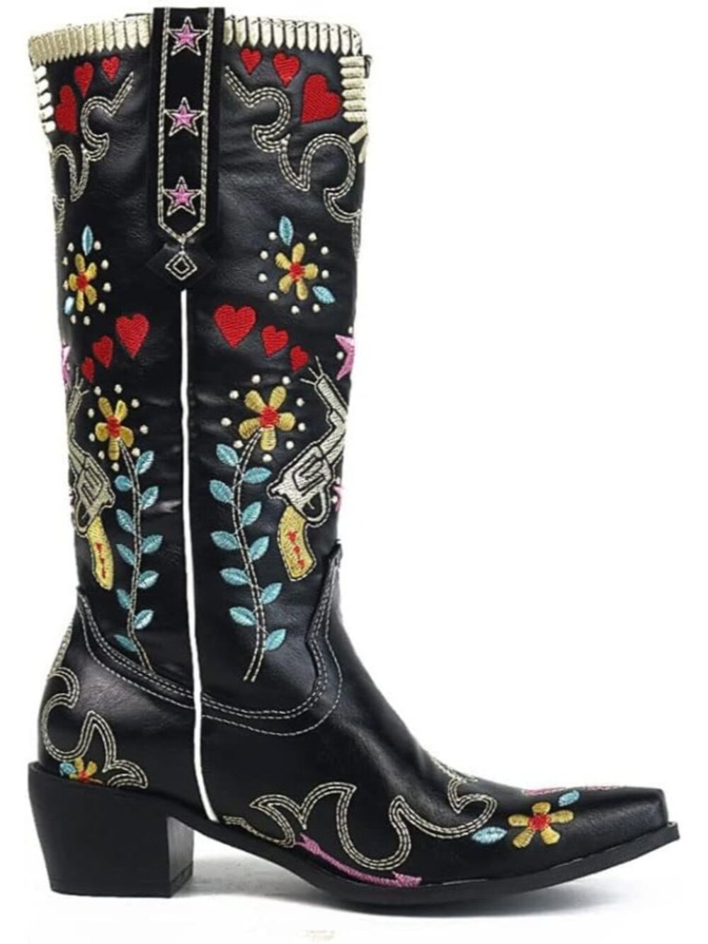 Women's Black Swallow Chunky Low Heels Western Cowboy Knee High Boots - Picture 2 of 6